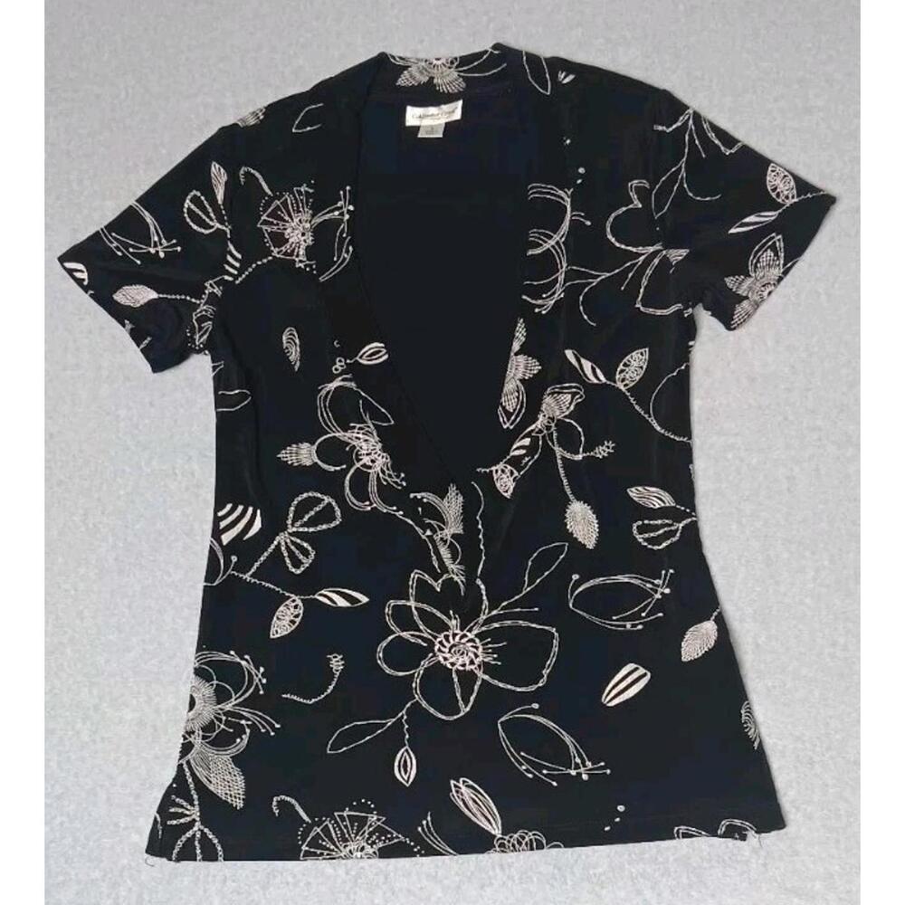 Coldwater Creek Short Sleeve Blouse Womens Size Small Black White Line Flower... - Picture 1 of 11